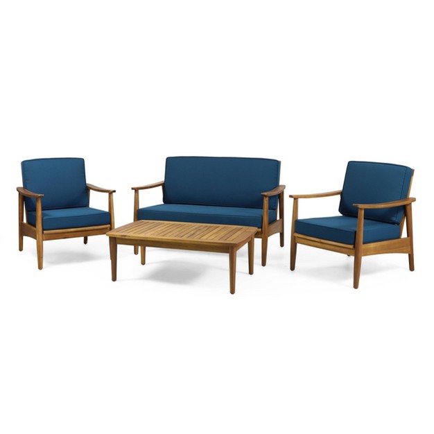 Willowbrook Patio Acacia Wood 4 Seater Chat Set With Coffee Table Teak dark Teal Christopher Knight Home