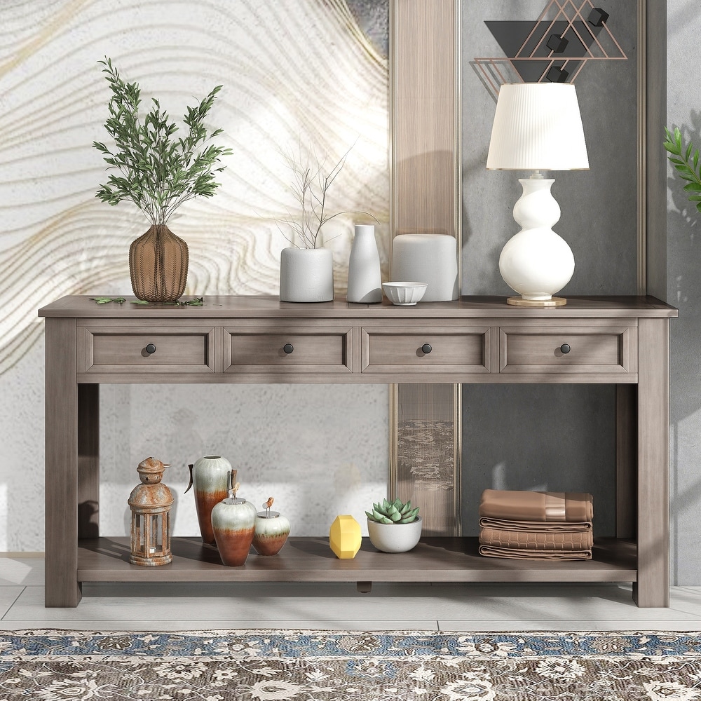 Classic Console Table with 4 Storage Drawers   a Open Bottom Shelf  Rustic Chic Sofa Table for Entryway Hallway   Living Room