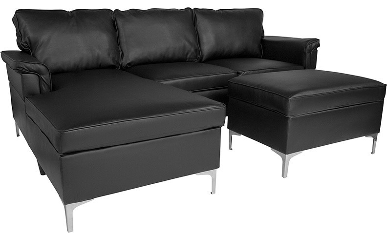 Plush Pillow Back Sectional  Left Side Facing Chaise  Ottoman Set  Black Leather   Contemporary   Sectional Sofas   by Morning Design Group  Inc  Houzz