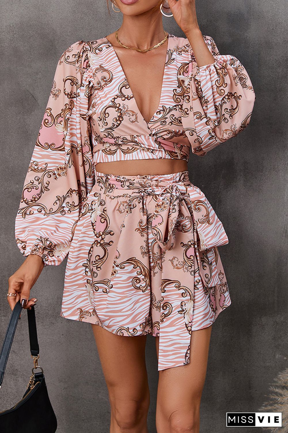 Printed V Neck Bubble Sleeves Hollow Out Waist Romper