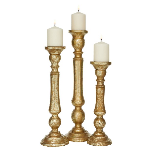 Set Of 3 Traditional Metal wood Turned Column Candle Holders Gold Olivia amp May