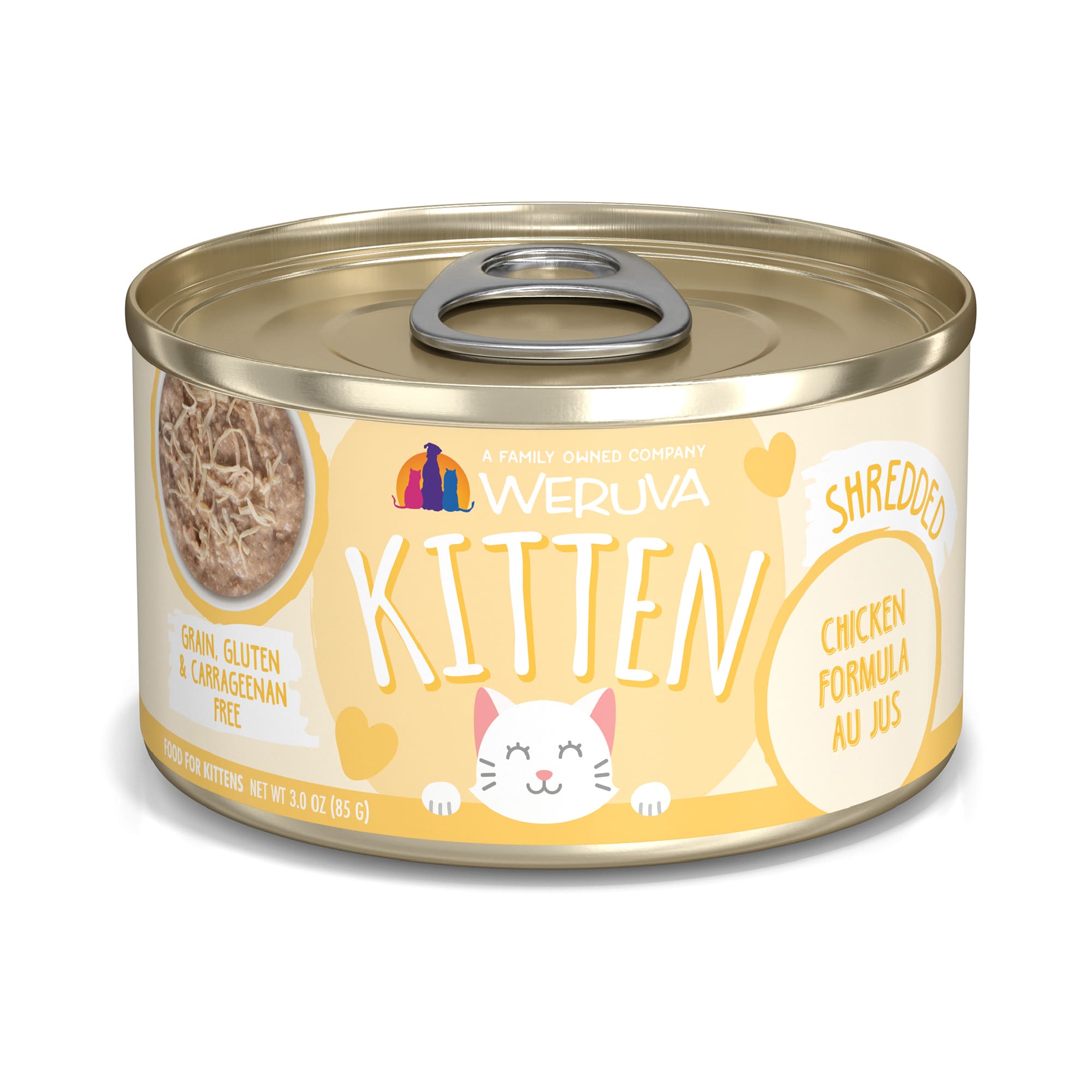 WERUVA Kitten Shredded Chicken Formula Au Jus Wet Cat Food， 3 oz.， Case of 12