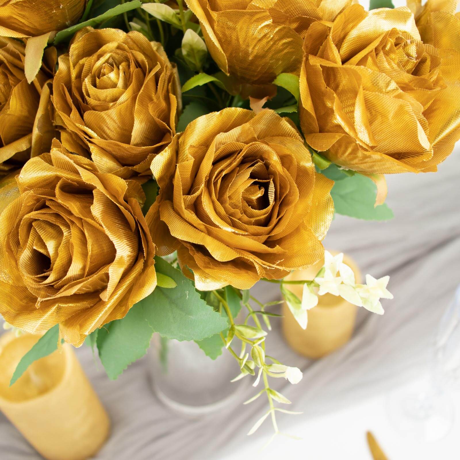 2 Bushes Gold Artificial Silk Rose Flower Arrangements, Real Touch Long Stem Flower Bouquet 18