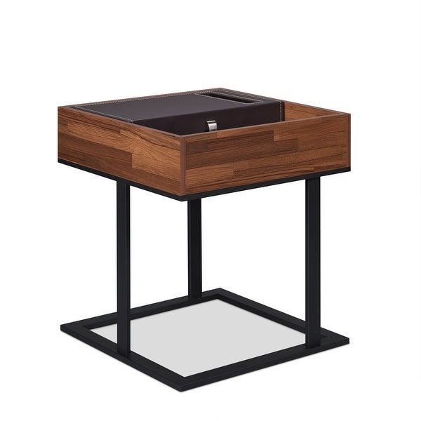 End Table in Espresso，Crafted with walnut veneer and sandy black metal Black Metal Tube Powder Coating 2 Top Compartments