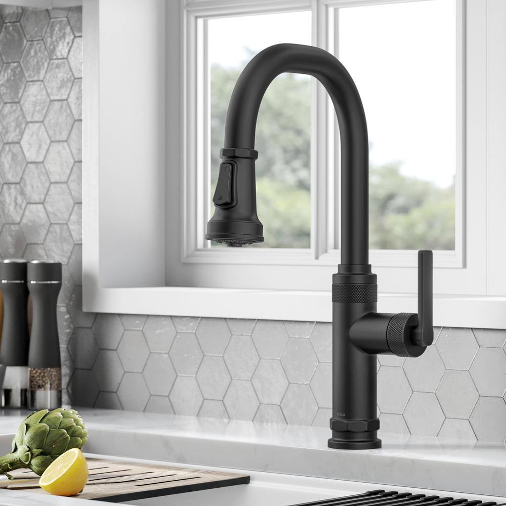 KRAUS Allyn Industrial Pull-Down Single Handle Kitchen Faucet in Matte Black KPF-4102MB