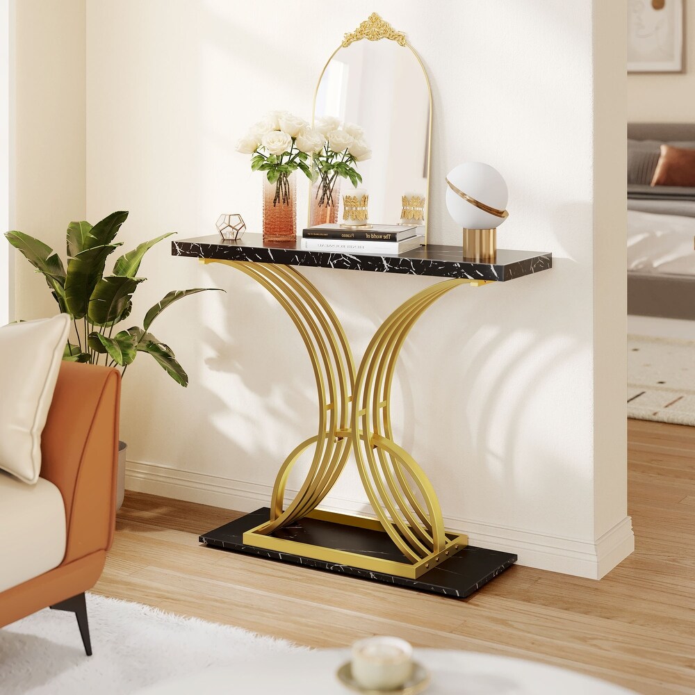 Modern Gold Console Sofa Table with Marbling Top for Entryway Hallway