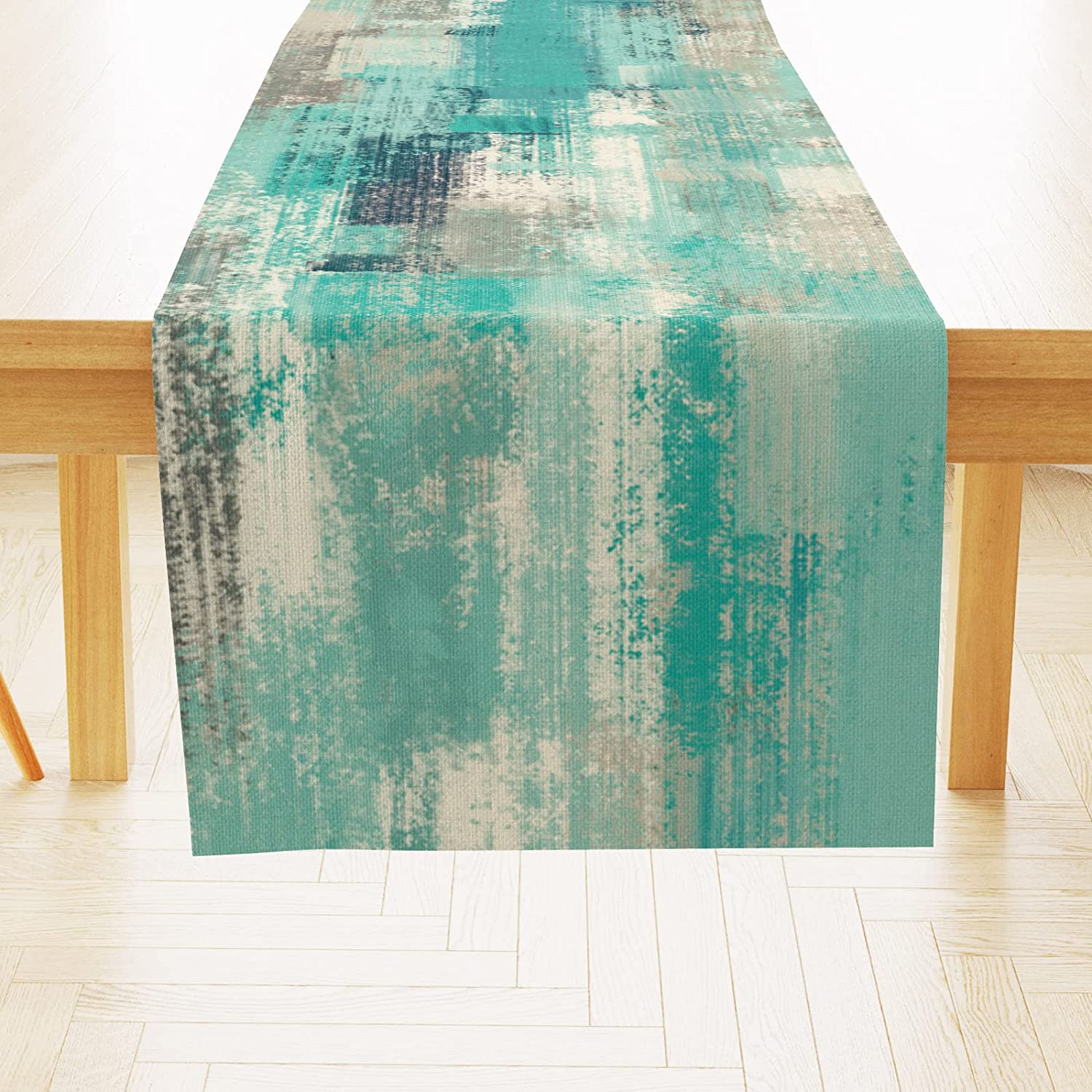 SUMAX1989 Grey Teal Painting Table Runner Turquoise Modern Abstract Decor Covers for Party Holiday Wedding Farmhouse Kitchen Dinner 13*72 inch