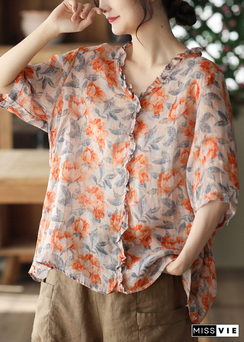 Plus Size V Neck Print Ruffled Linen Tops Half Sleeve