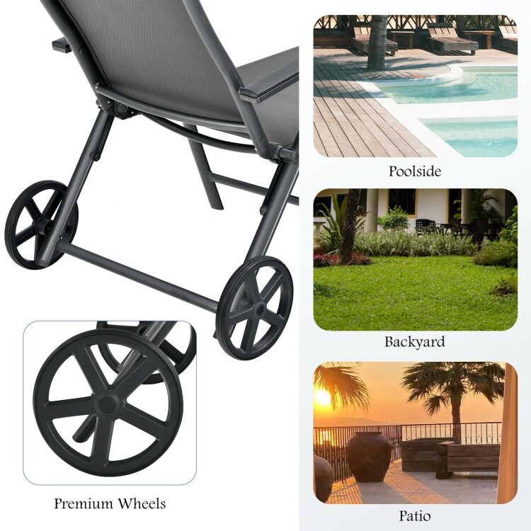 Patio Lounge Chair with Wheels Neck Pillow Aluminum Frame Adjustable   29.5\