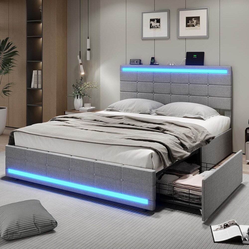 Queen Bed Frame with 2 USB Charging Station   LED Lights