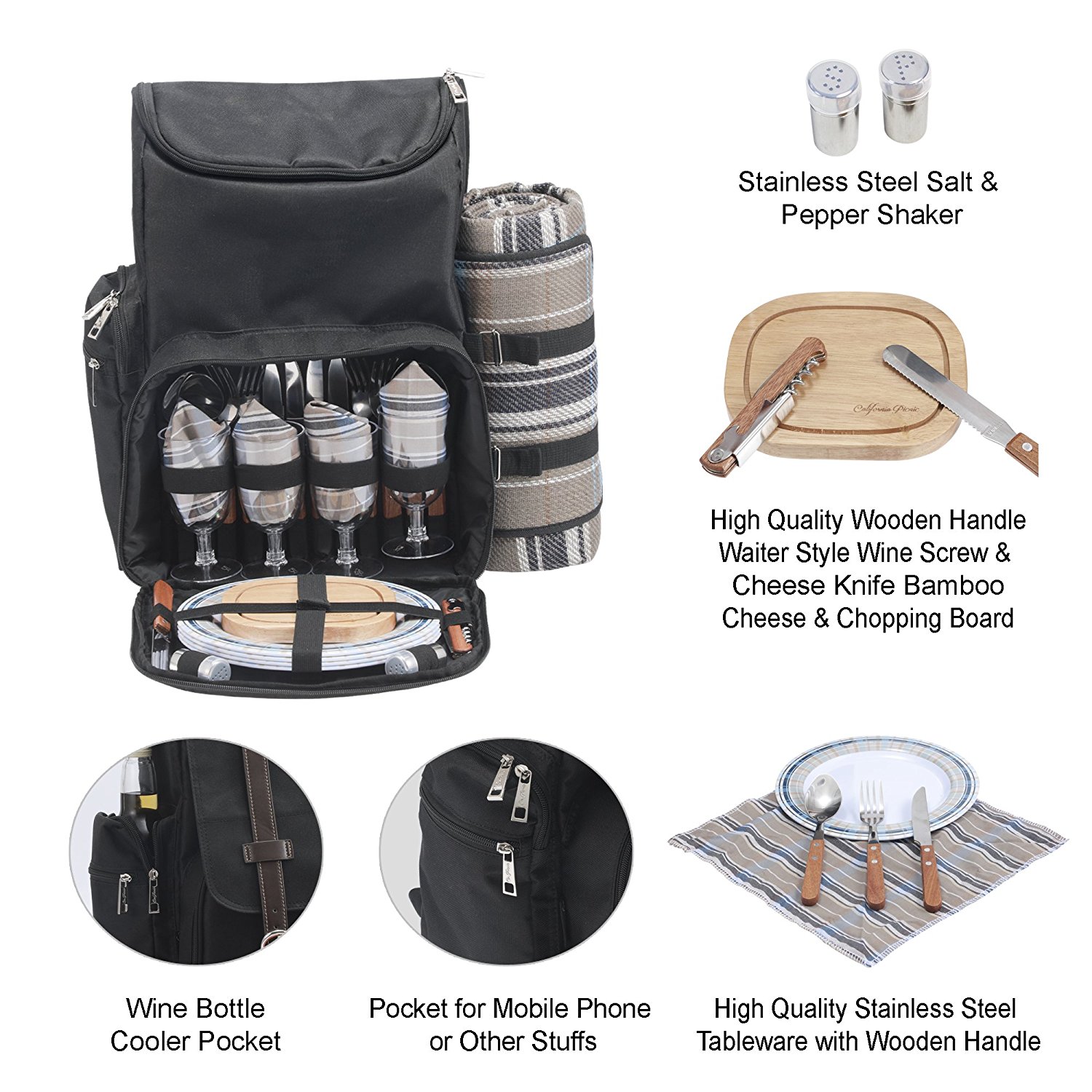 Picnic Backpack | Wine Cooler | Stylish All-in-One Portable Picnic Bag for 4 with Complete Wooden Cutlery Set， Stainless S S/P Shakers | Waterproof Fleece Picnic Blanket | Cooler Bag for Camping