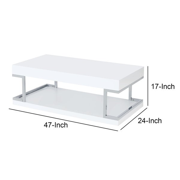 High Gloss Contemporary Coffee Table with Bottom Shelf， White and Silver