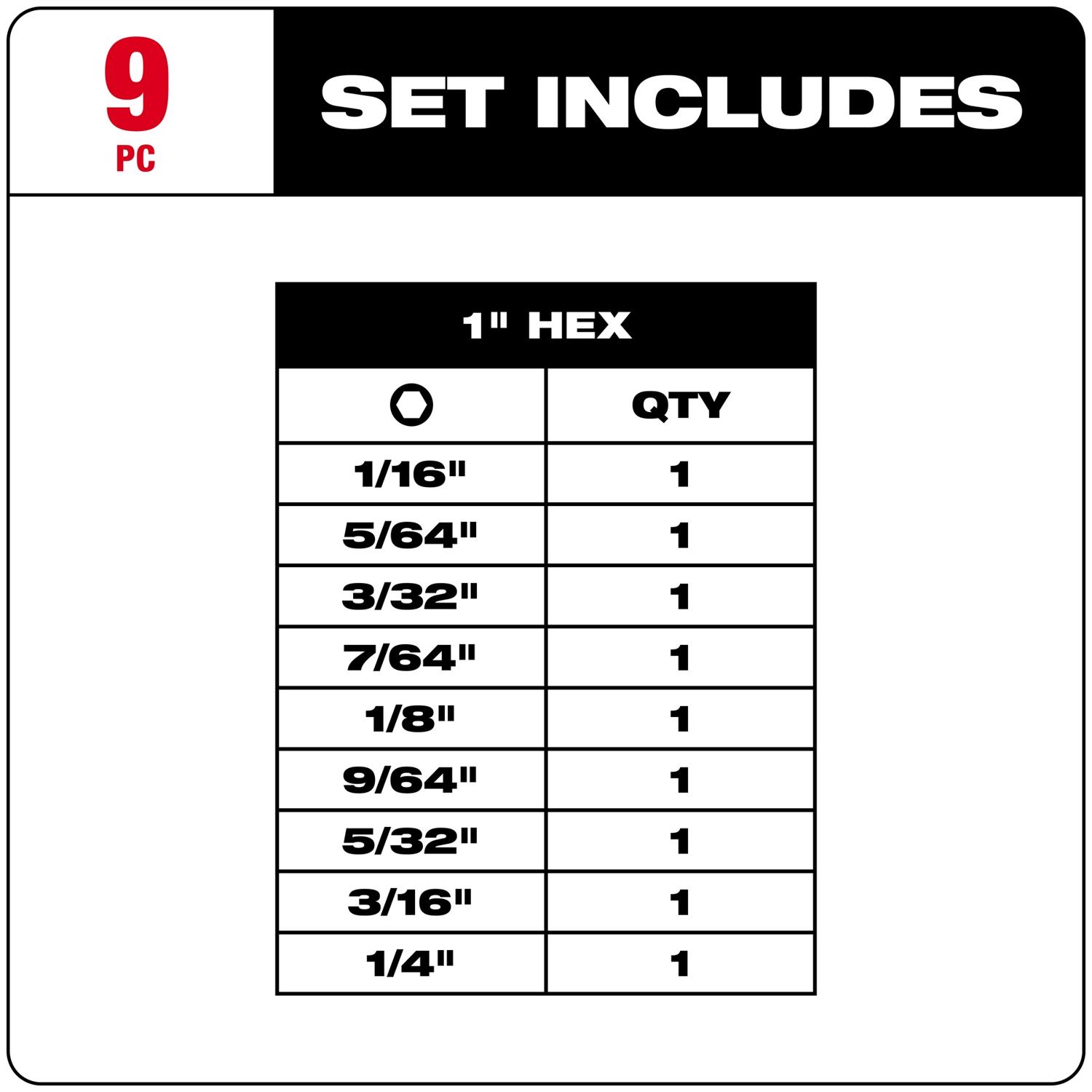 MW Shockwave Hex 1 in. L Impact Insert Bit Set Steel 9 pc