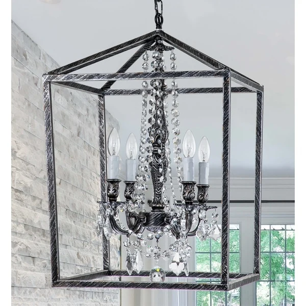 Alena 4-Light Crystal Foyer Lantern Chandelier Antique Black - 24