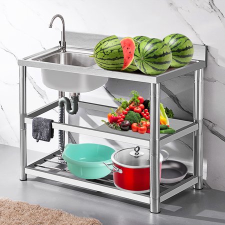 RIOUSERY Stainless Steel Sink, Free Standing Commercial Restaurant Kitchen Sink Set, Faucet & Drainboard, Prep & Utility Washing Hand Basin, Workbench & Storage Shelves Indoor Outdoor -47"x19.7"x31.5"