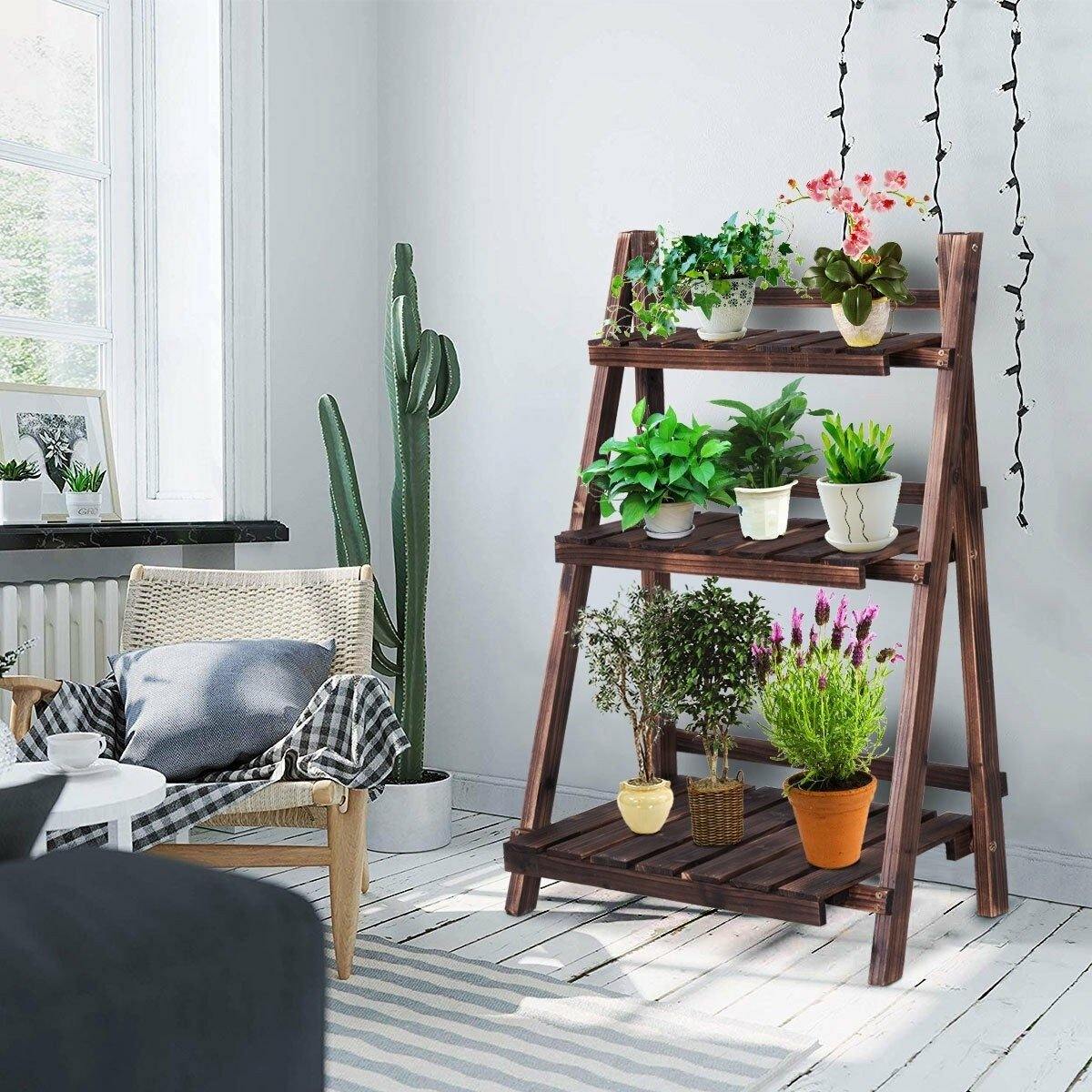 3 Tier Rustic Wooden Folding Plant Stand Flower Rack