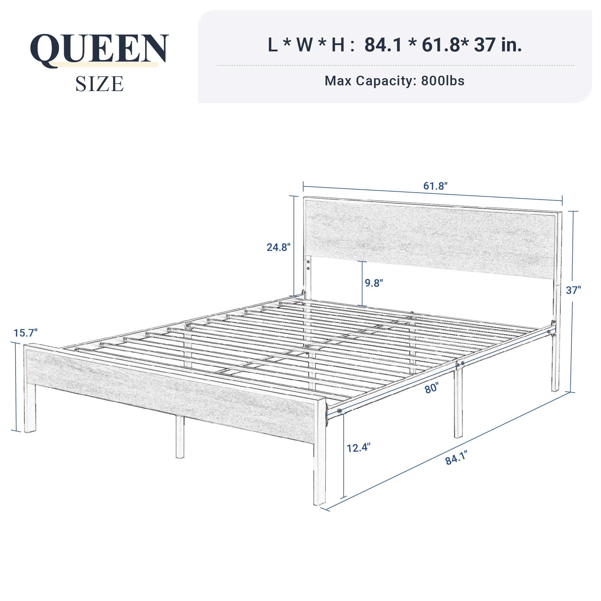 Allewie  Queen Size Heavy Duty Bed Frame with Black Oak Headboard, Engineered Wood, 12'' Under Bed Storage