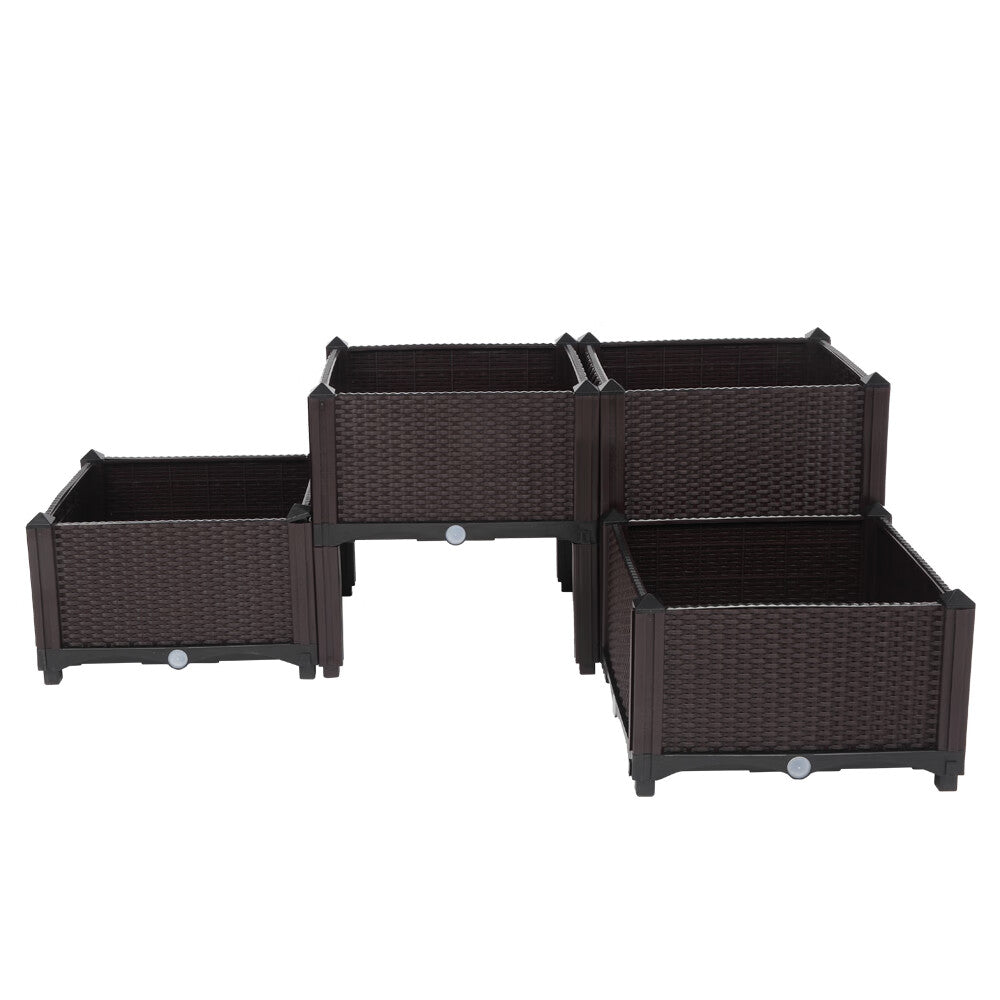 Set of 4 Plastic Raised Garden Bed Elevated Planter Box Kit Rattan Pattern with Compact Footprint Perfect for Flowers Vegetables and Herbs