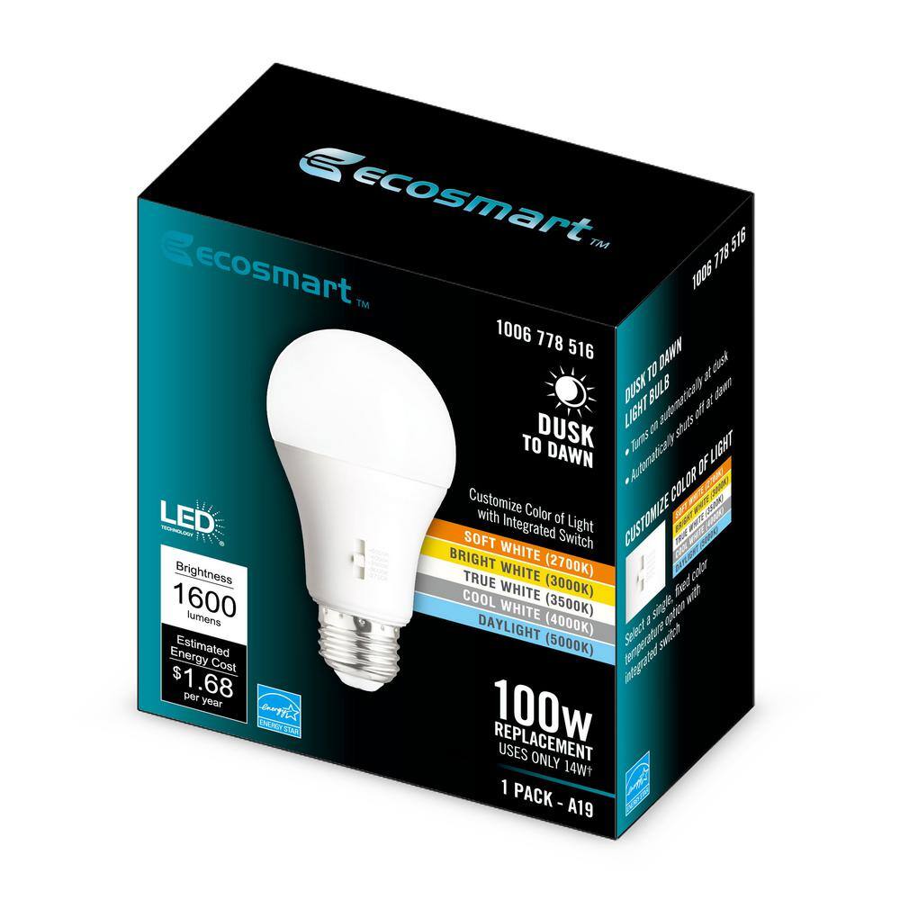 EcoSmart 100-Watt Equivalent A19 Dimmable CEC Dusk to Dawn LED Light Bulb with Selectable Color Temperature (1-Pack) 11A19100WDTD001