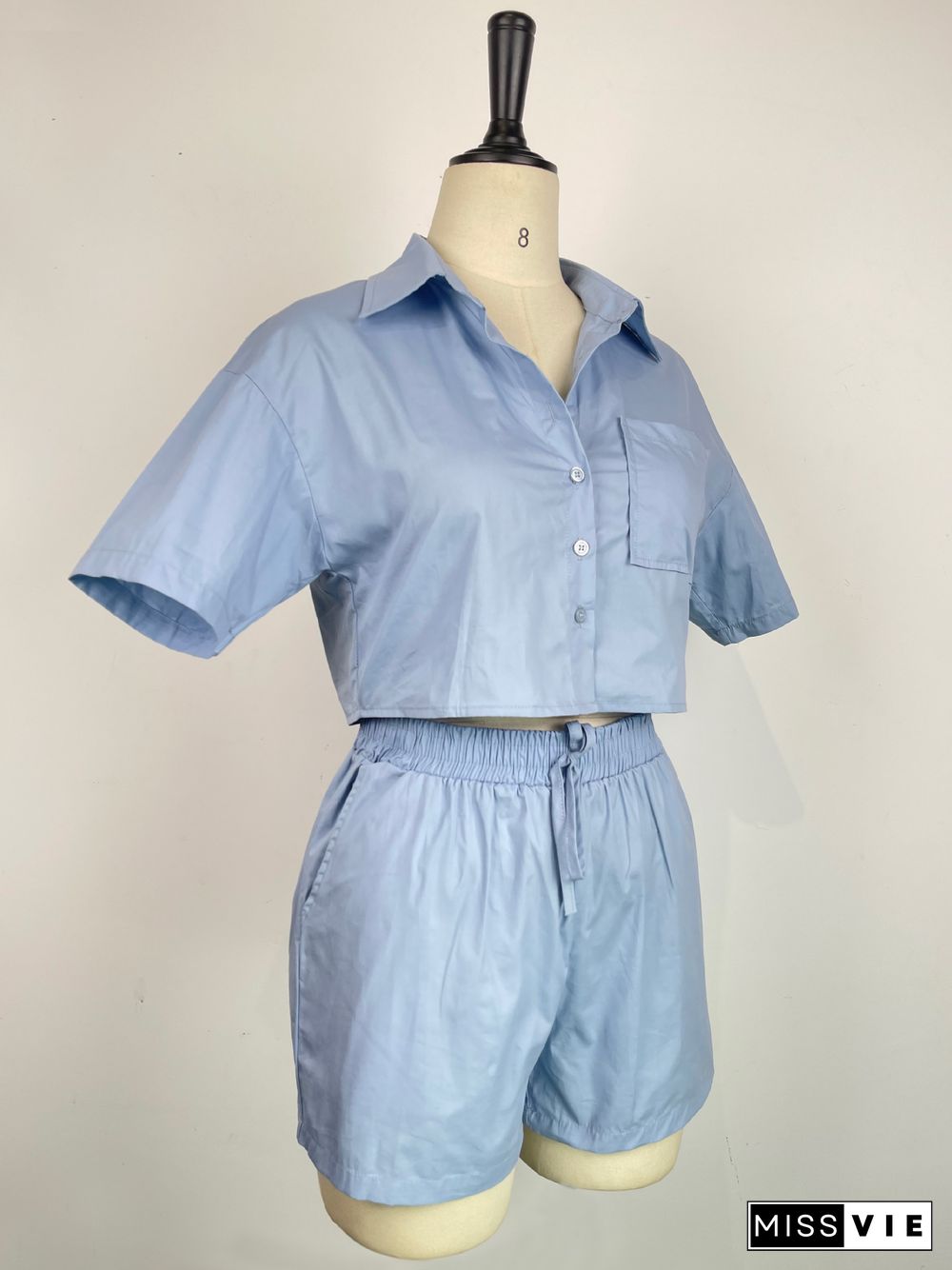 Solid Short Sleeve Shirts and Shorts Two Piece Set