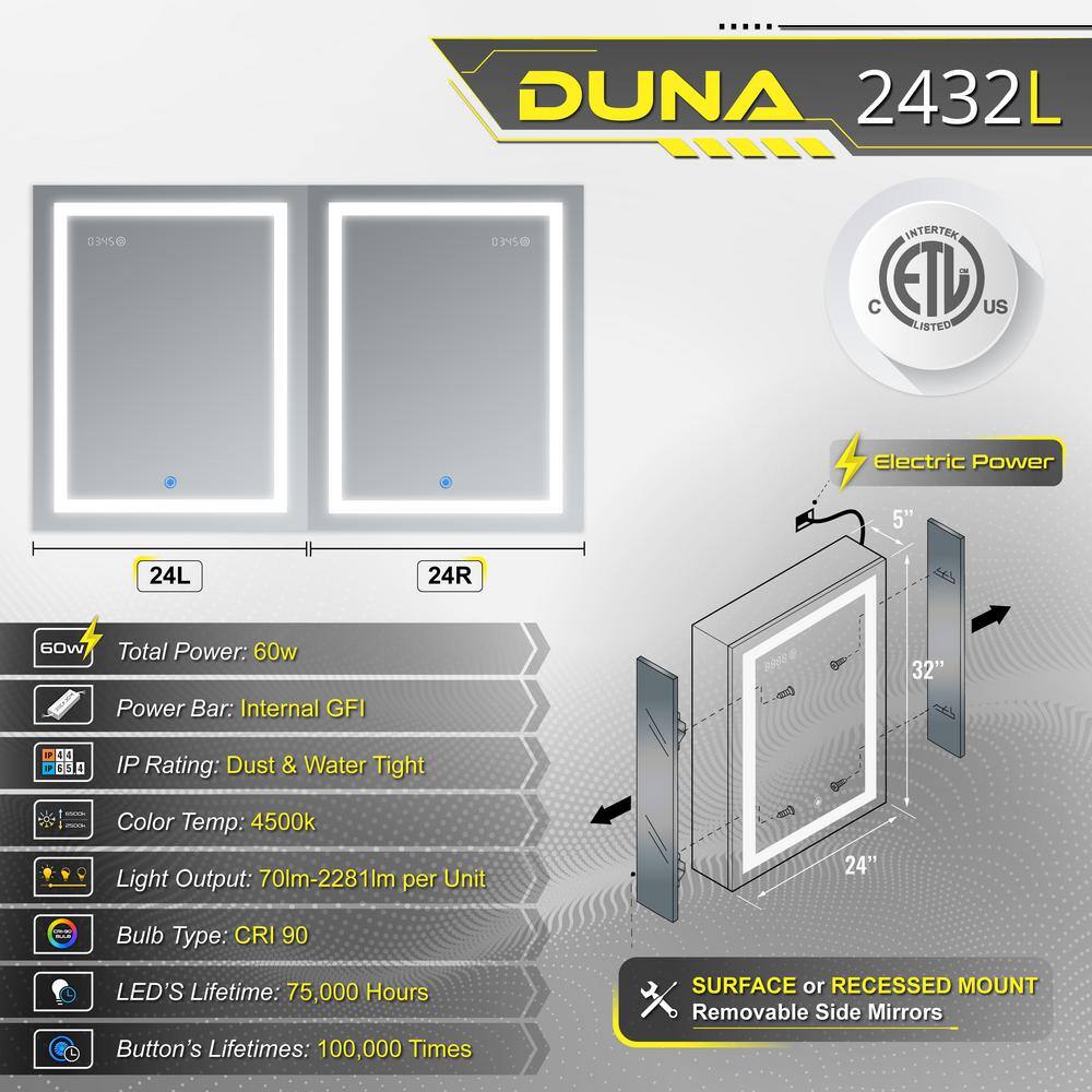 DECADOM Duna 24 in. W x 32 in. H LED Rectangular Medicine Cabinet with Mirror Recessed or Surface Mount Dual Outlets Duna 24L