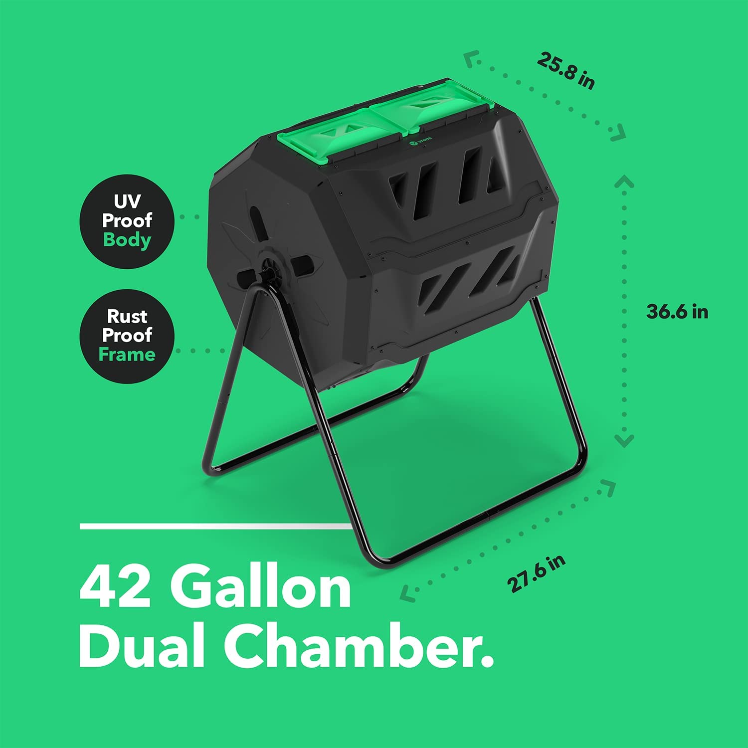 Vremi Tumbling Outdoor Compost Bin – Dual Chamber 360° UV Proof and Rust Proof 42 gal with Secure Sliding Doors – All Season Composter with Aeration System