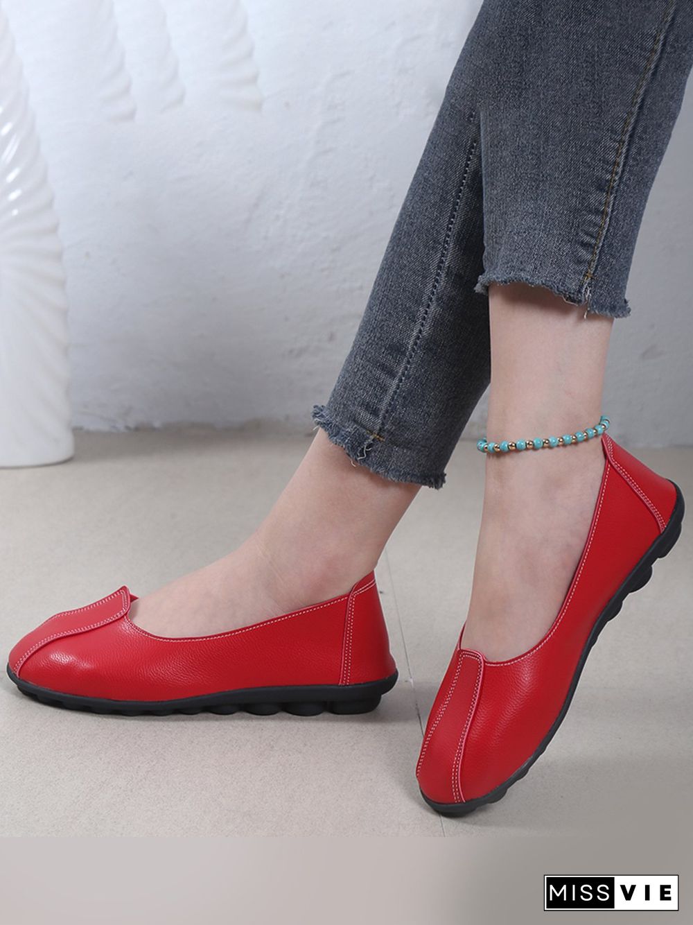 Women Casual Plain All Season Wearable Daily Flat Heel Pu Rubber Slip On Flats