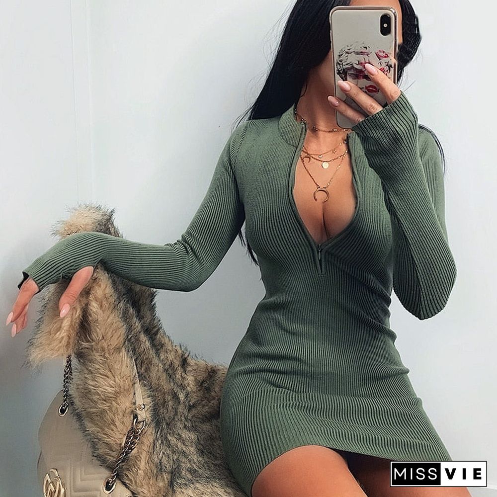 Zipper V-Neck Bodycon Dresses Sexy Long Sleeve Black Skinny Elastic Autumn Spring New Solid Fashion Women Party Dress