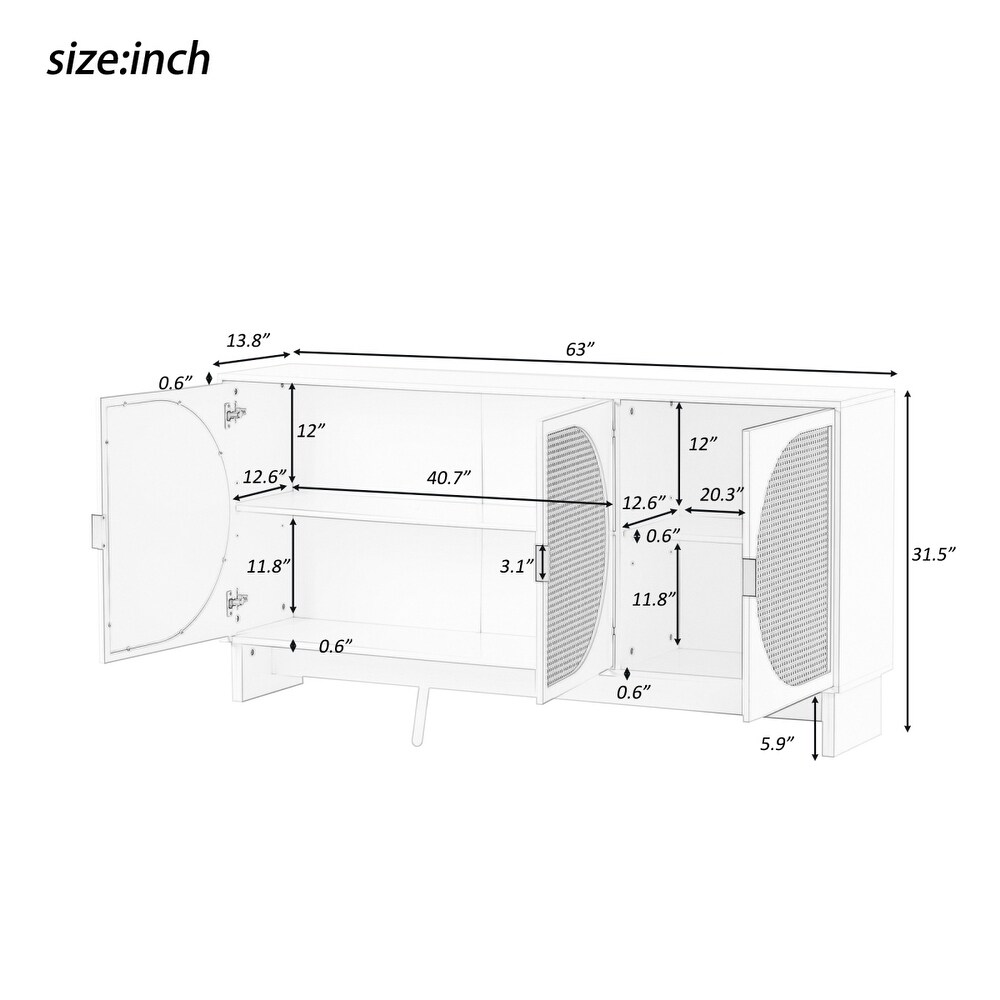 Storage Cabinet with 3 Rattan Doors  Mid Century Modern Buffet Cabinet with Adjustable Shelves  Accent Buffet Sideboard