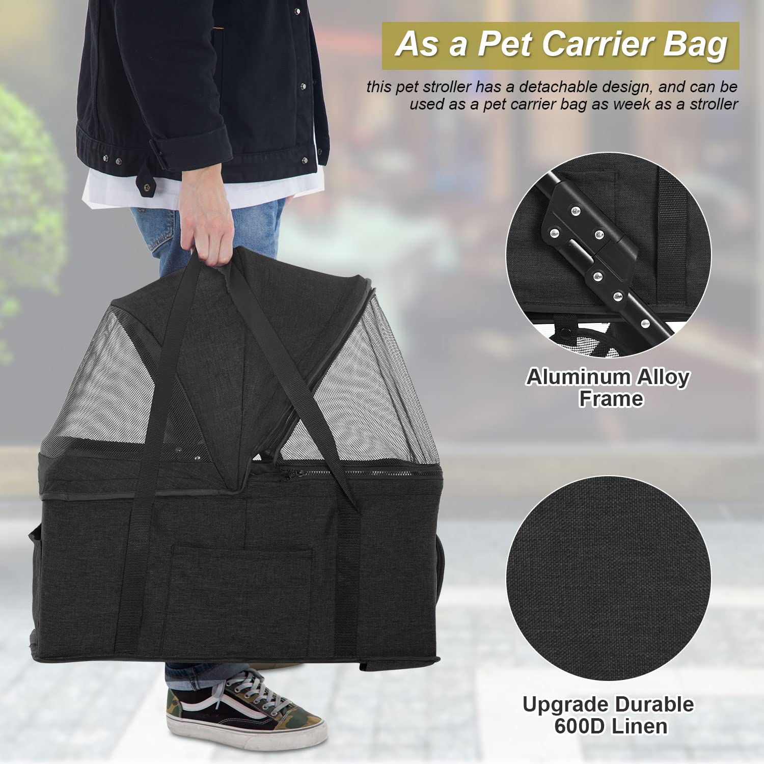 BestPet Pet Stroller Cat Dog Cage Stroller Travel Folding Carrier (Black， Upgraded-3 Wheels)