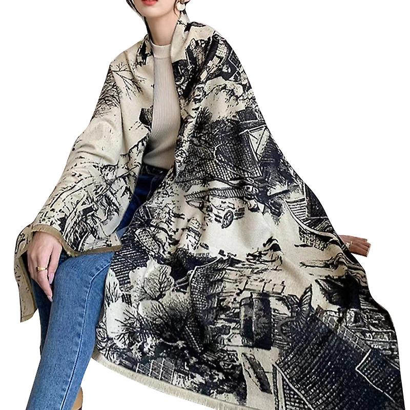 Women Casual Landscape Painting Print Long Shawl Animal Printed Large Blanket