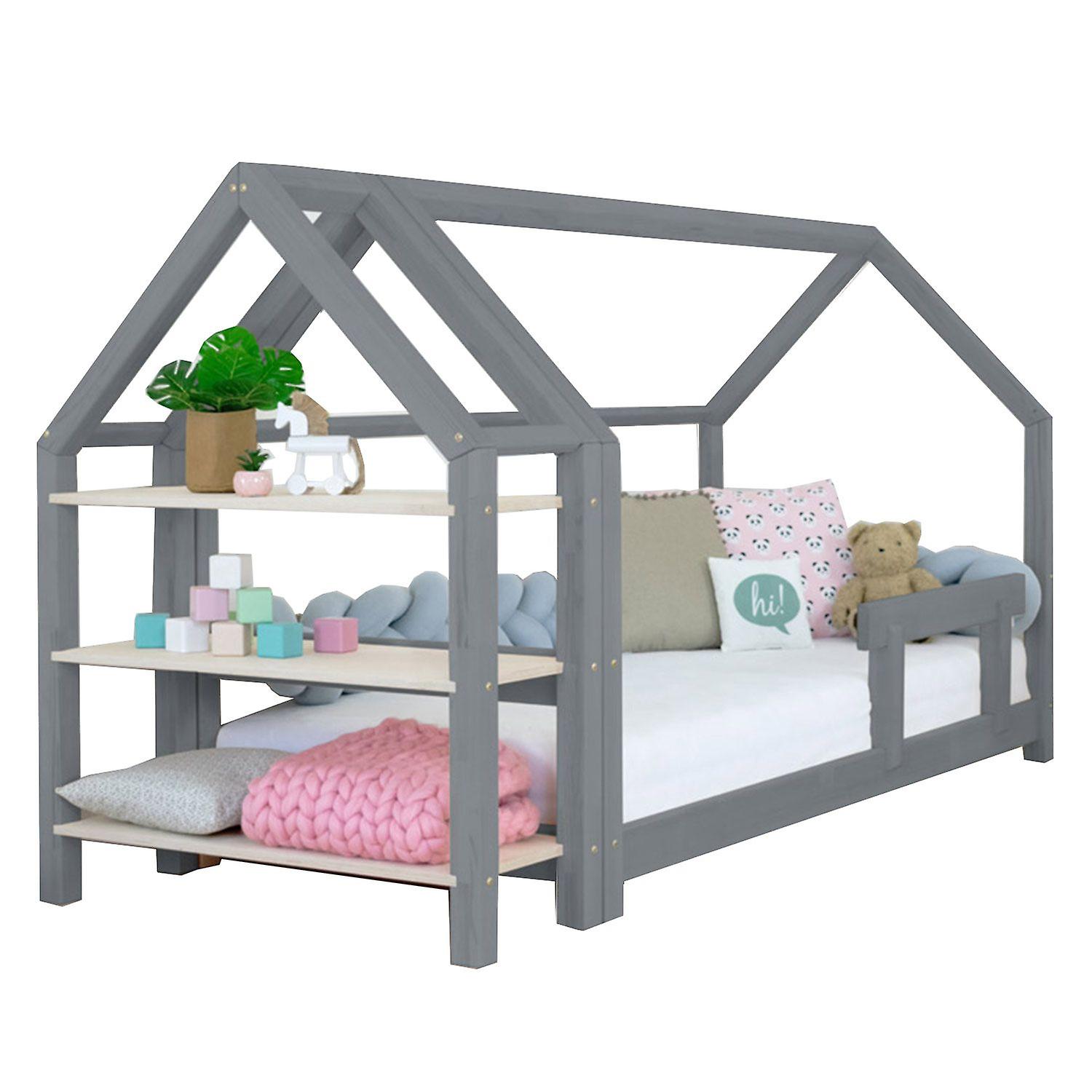 House bed with shelf 120 x 190 grey and natural