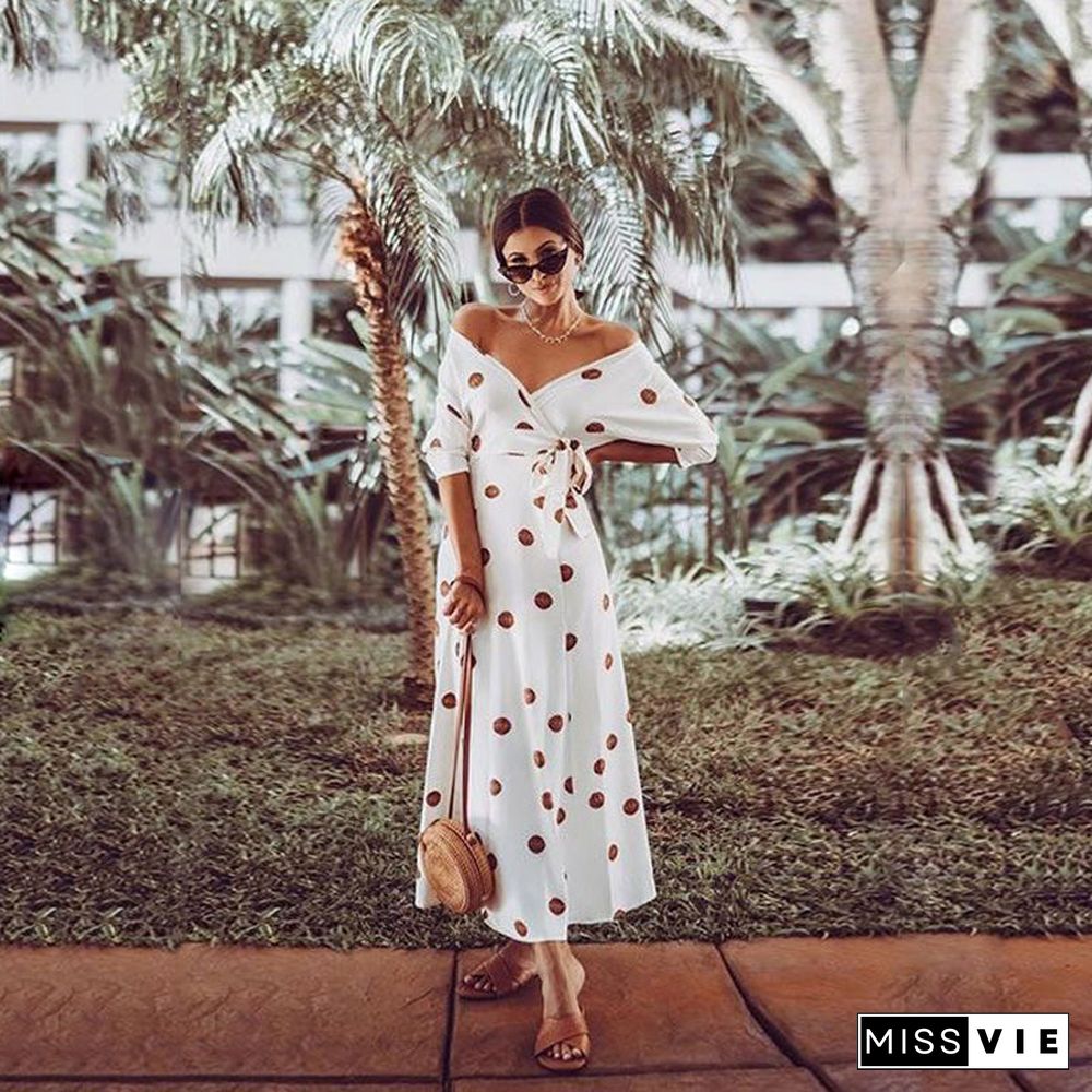 Casual Large Polka Dot V Neck Off Shoulder Maxi Dress