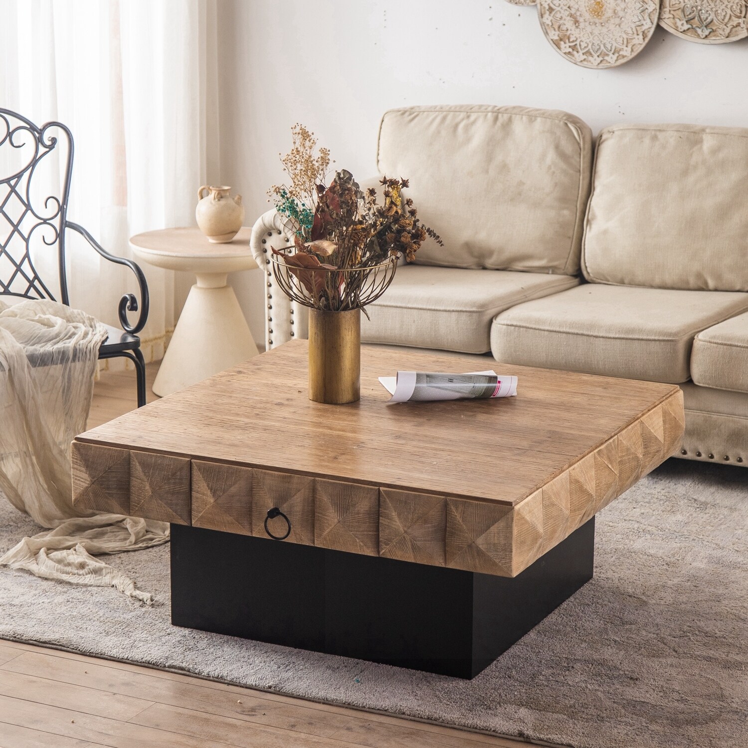 Square Retro Coffee Table with 2 Drawers and MDF Base