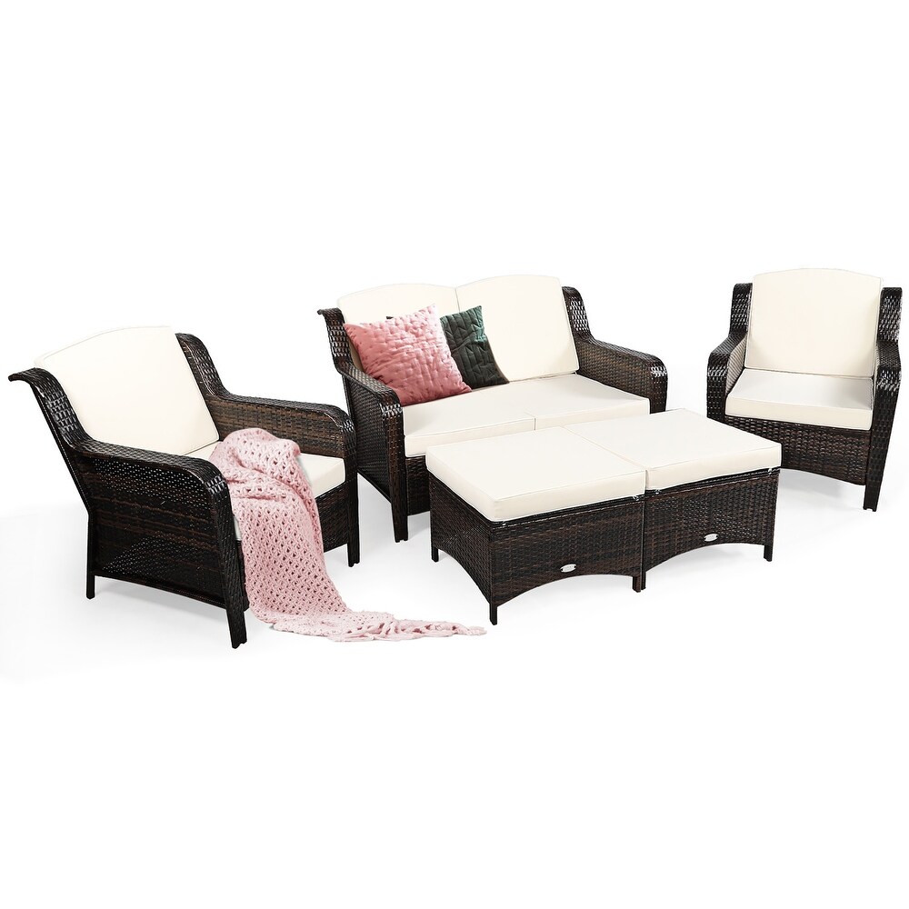 Costway 5PCS Patio Rattan Furniture Set Loveseat Sofa Ottoman