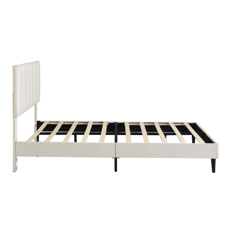 Beige Upholstered Platform Bed with Fabric Upholstered Headboard and Wooden Slats