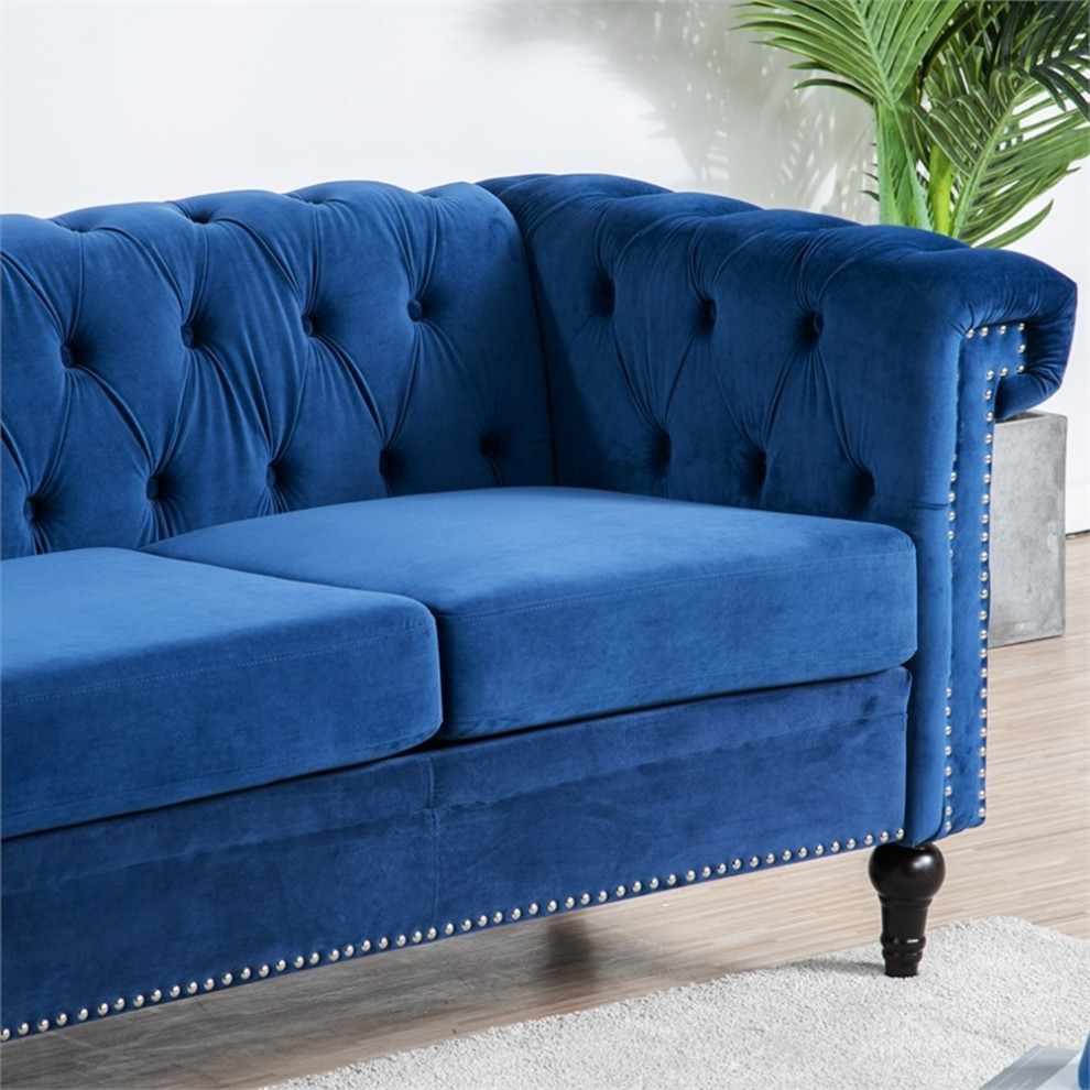 CRO Decor 83.5  x27 x27Traditional Square Arm Removable Cushion 3 Seater Sofa (Blue)   Eclectic   Sofas   by Homesquare  Houzz