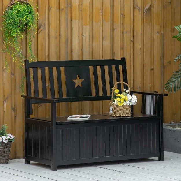 Outsunny Outdoor Wooden Storage Bench Deck Box Wood Patio Furniture 43 Gallon Pool Storage Bin Container With Cloth Backrest Armrests Star Black