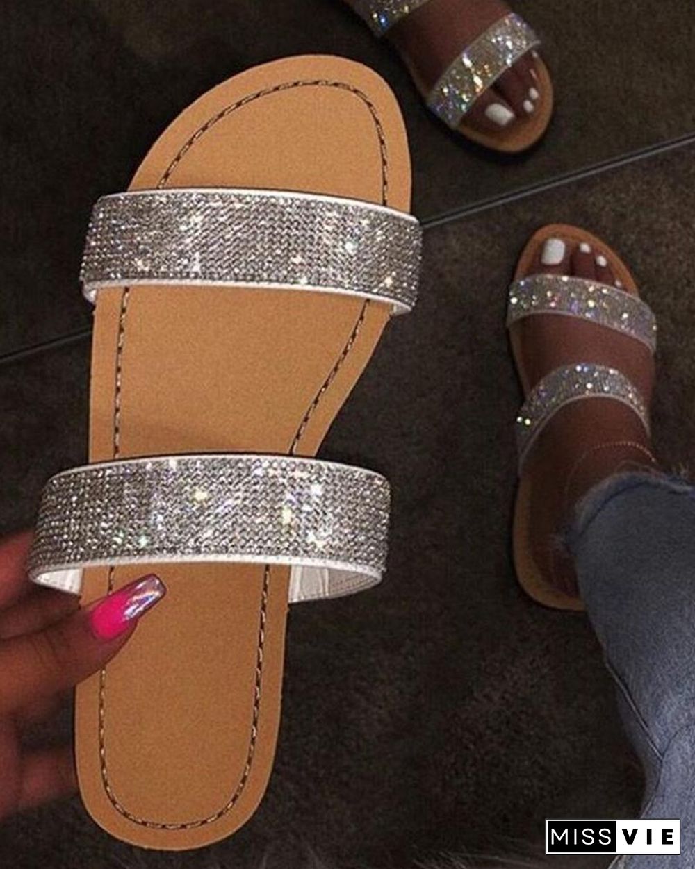 Crystal Glitter Shinny Double Bandages Slide Slippers