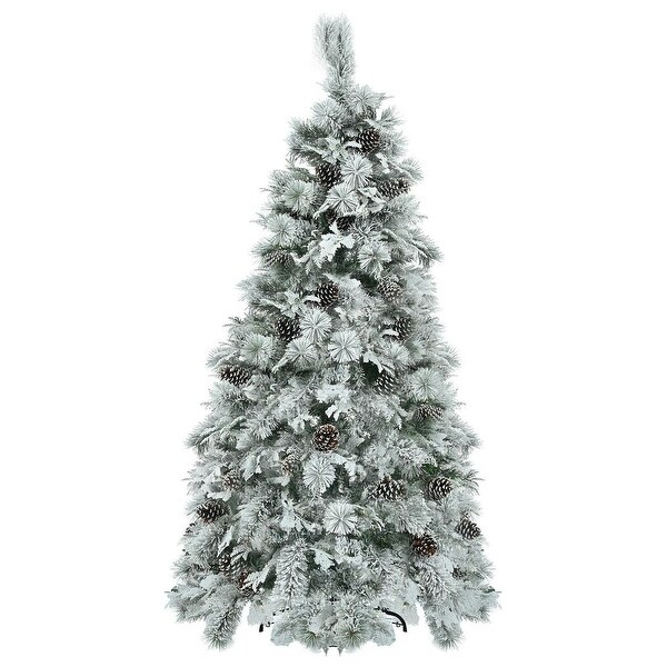 4/6/7.5FT PreLit Spruce Snow Flocked Christmas Tree，PE and PVC Artificial Lighted Xmas Tree with Cones，11 Flashing Modes