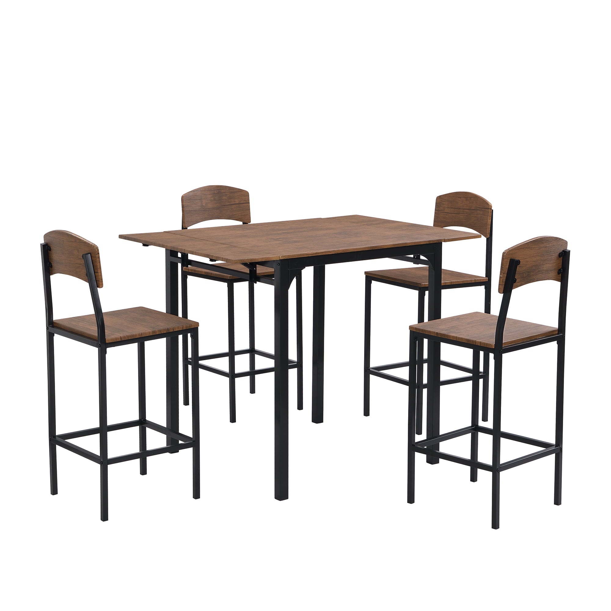 paproos 5-Piece Counter Height Dining Table and Chairs Set, Brown Finish Drop Leaf Dinner Table and 4 Chairs Set for Kitchen Dining Room Breakfast Nook, Farmhouse Dining Table Set with Black Frame