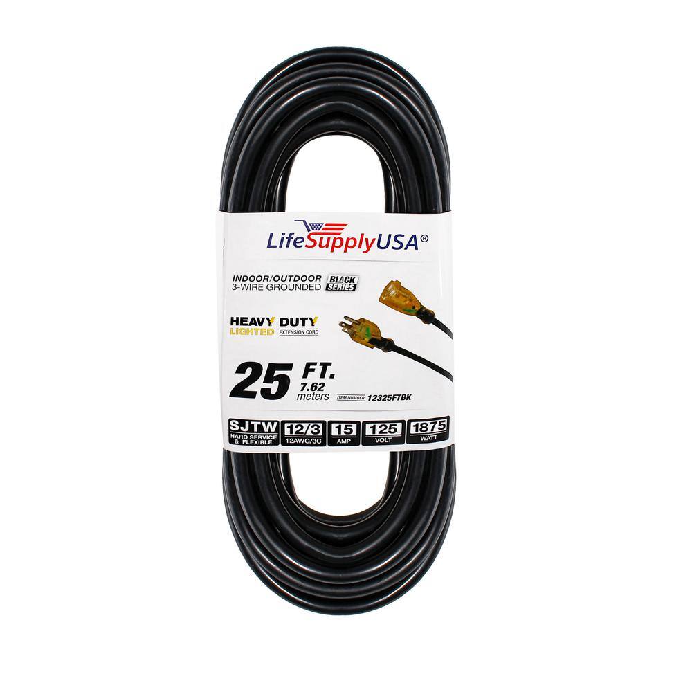 LifeSupplyUSA 123 25 ft. SJTW 15 Amp 125-Volt 1875-Watt Lighted End IndoorOutdoor Black Heavy-Duty Extension Cord (10-Pack) 1012325FTBK