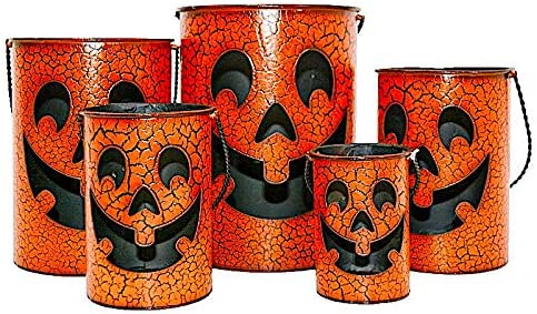 Halloween Lantern Set Rustic Candle Holder Metal Indoor Outdoor Decoration Jack-O-Lantern Buckets Lamp (Set of 5)