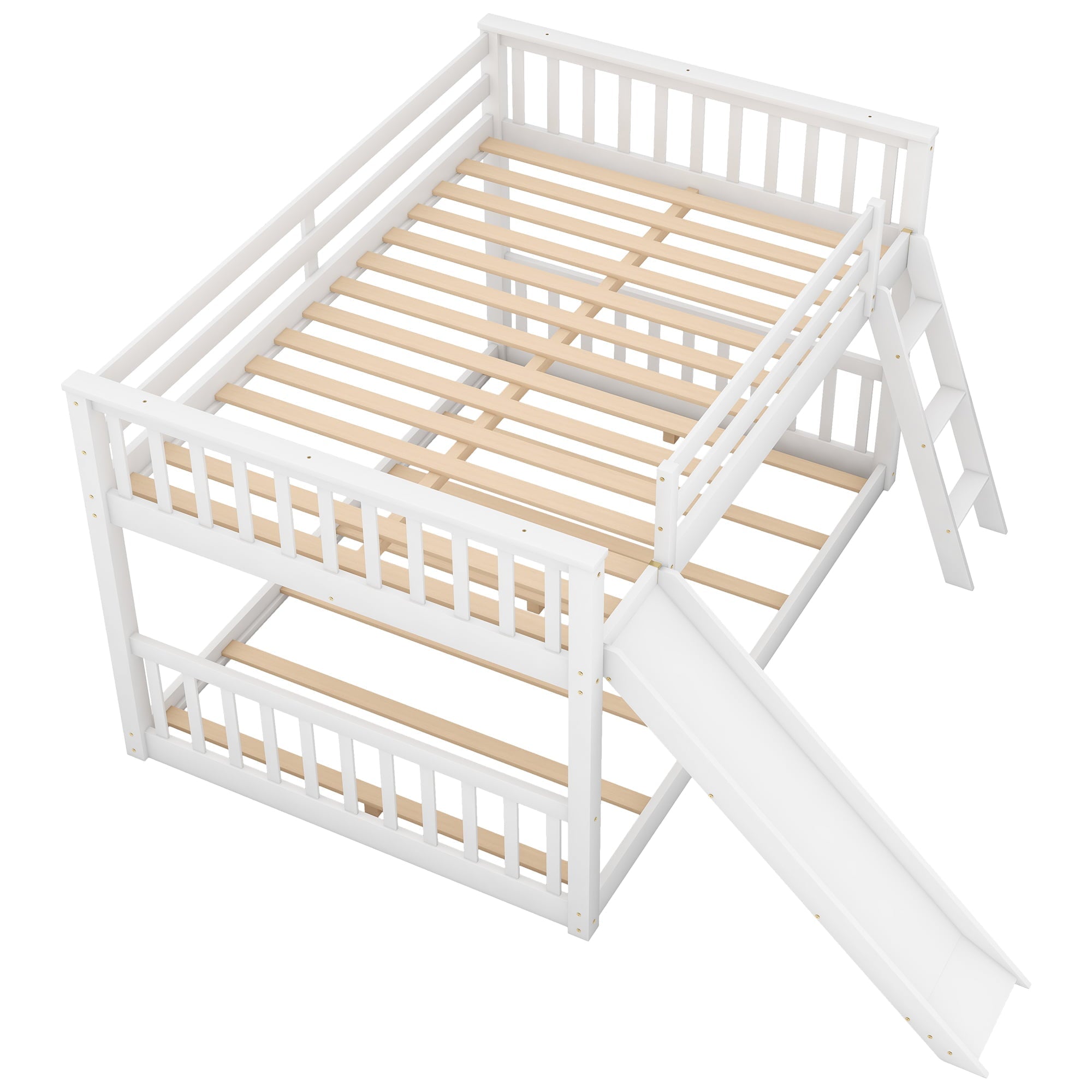 Euroco Full over Full Floor Bunk Bed with Slide and Ladder for Kids Bedroom, White