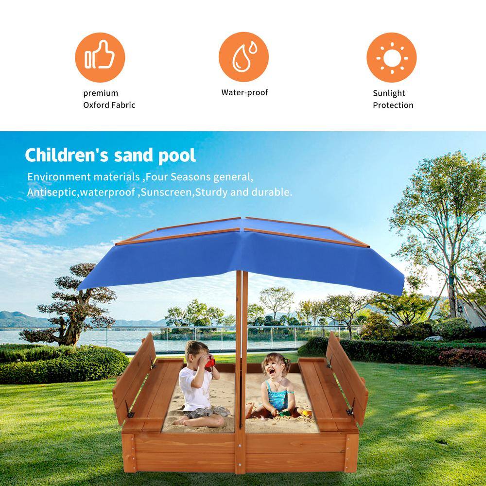 Cesicia Kids Outdoor Wooden Sandboxes with Canopy Retractable Covers Foldable Bench Seat M23224D01