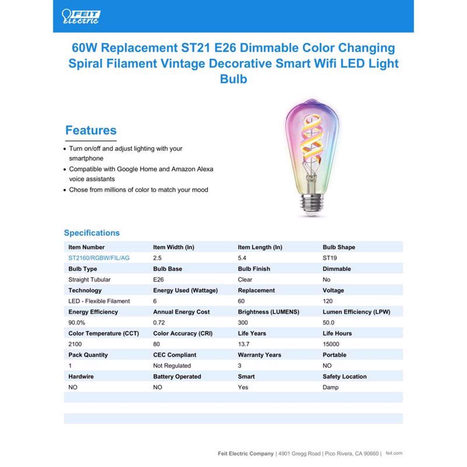 Feit Smart Home ST21 E26 (Medium) Smart-Enabled LED Bulb Amber 60 Watt Equivalence 1 pk