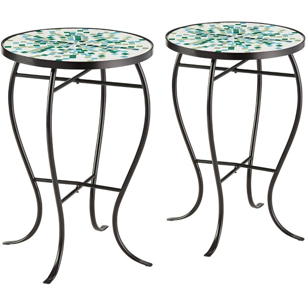 Wide Set Of 2 Aqua Green Mosaic Tabletop Front Porch Patio Home House