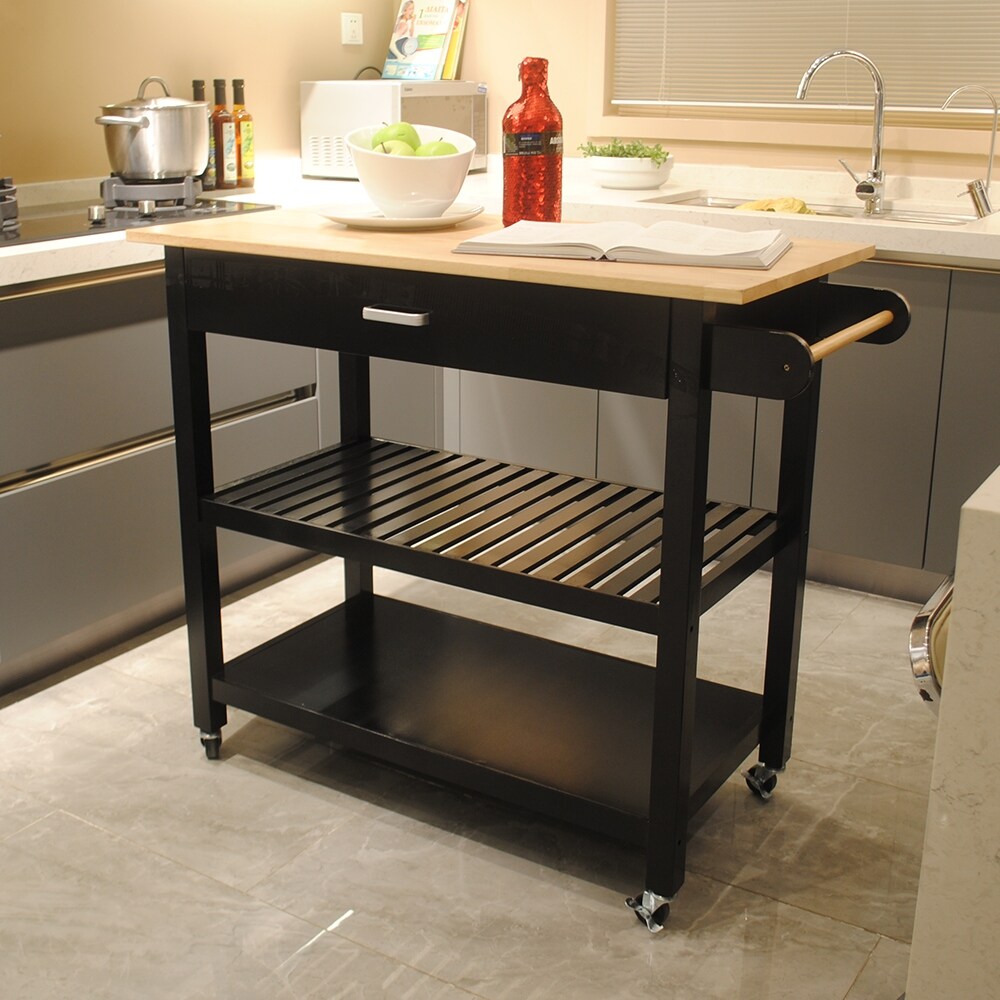 Black Rolling Kitchen Island Cart with Towel Rack/Handles  Sideboards