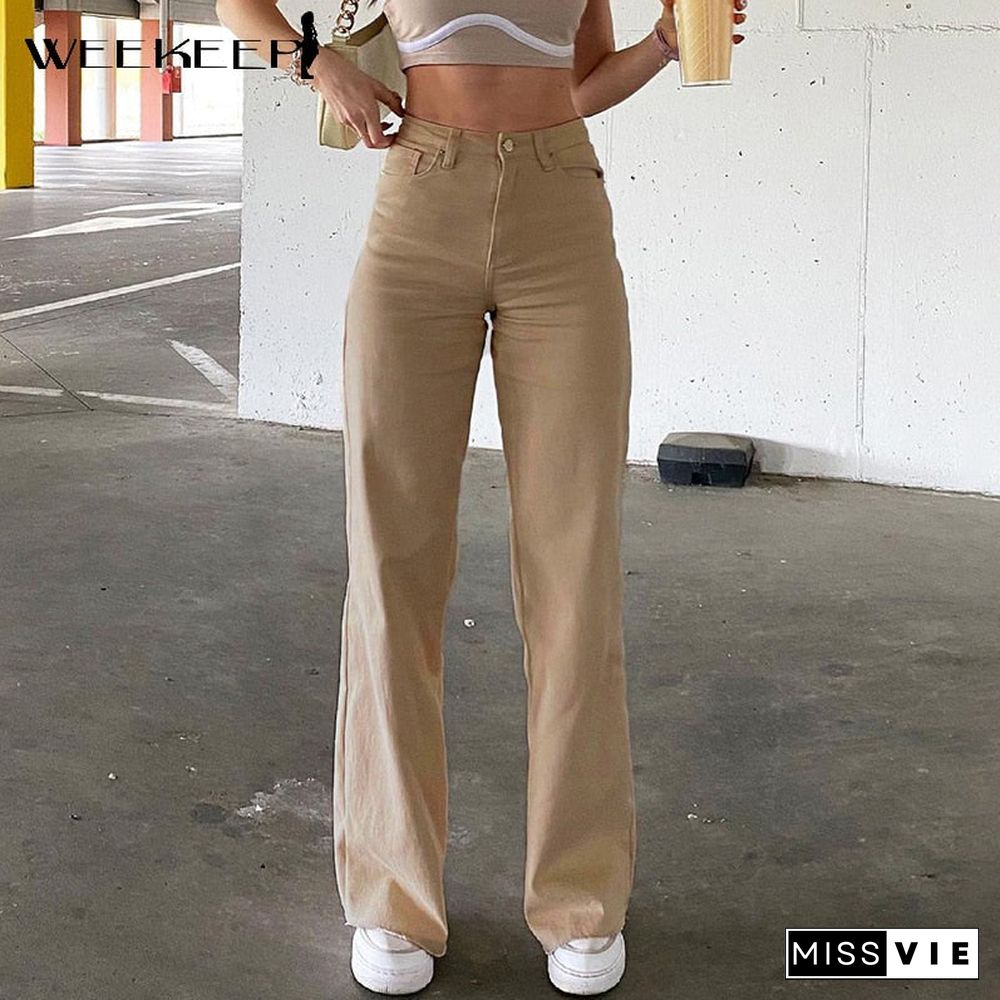 Weekeep Streetwear Loose Jeans Pants For Women Solid High Waist Denim Mom Pants Summer Casual Wide Leg Trousers Harajuku Fashion