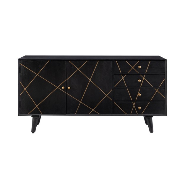 Wafford Mid Century Modern Storage Console Solid Wood Gold Trim 3 Doors Black Powell